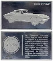 Francia 2 Oz Silver Bar - Medaillier Franklin - Chevrolet Corvette Stinng Ray (1963) - Silver - 1982 - XF to AU