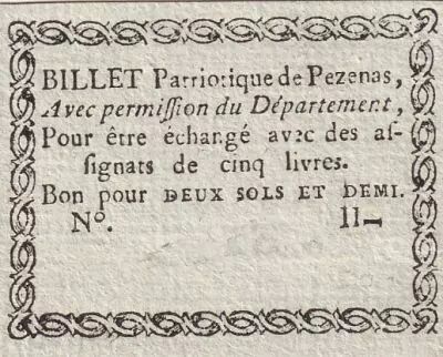 Francia 2 Sols et Demi - Herault - Billet Patriotique de Pezenas - 1792 - not issued