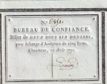 Francia 2 Sous 6 Deniers  - Haute-Marne - Bureau de Confiance de Chaumont - 19-08-1791 - 6851