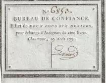 Francia 2 Sous 6 Deniers  - Haute-Marne - Bureau de Confiance de Chaumont - 19-08-1791 - 6853