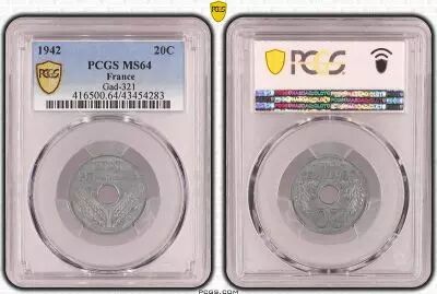 Francia 20 Centimes Etat Francais - 1942 in Zinc-  PCGS MS 64