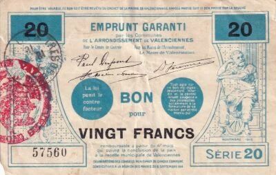 Francia 20-franc emergency banknotes - November 1915 - Valenciennes - Series 20