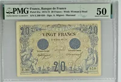 Francia 20 Francs - 1875 - Serial E.360 - PMG 50 - P.61a