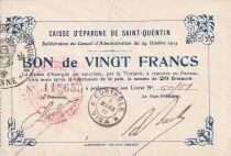 Francia 20 Francs - Caisse d\'&eacute;pargne - Saint-Quentin - 24-10-1914 - ANNUL&Eacute;