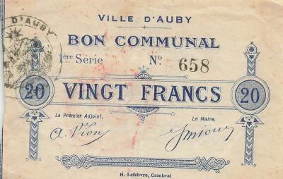 Francia 20 Francs - City of Auby - 05-12-1914 - 1st Serial