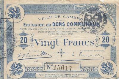Francia 20 Francs - City of Cambrai - 30-10-1914