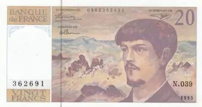 Francia 20 Francs - Debussy  - 1993 - Serial N.039