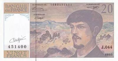 Francia 20 Francs - Debussy - Sign Vigier - 1993 - Serial J.044 - P.151