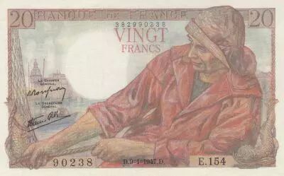 Francia 20 Francs - Fisher - 09-01-1947 - Serial  E.154