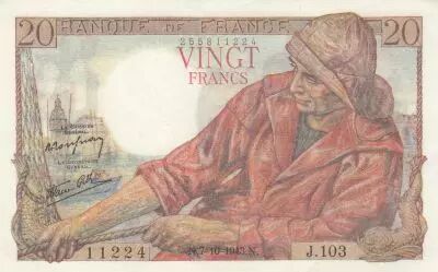 Francia 20 Francs - fisherman - 07-10-1943 - Serial J.103