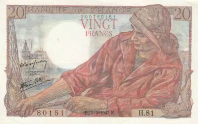 Francia 20 Francs - fisherman - 15-04-1943 - Serial H.81