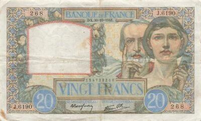 Francia 20 Francs - Science and Labor - 30-10-1941 - Serial J.6190