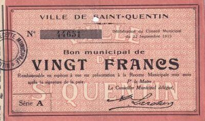 Francia 20 Francs - Ville - Saint-Quentin - 22-09-1915 - S�rie A
