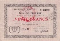 Francia 20 Francs - Ville - Saint-Quentin - 27-03-1915 - S&eacute;rie D