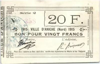 Francia 20 Francs Aniche City - 1915