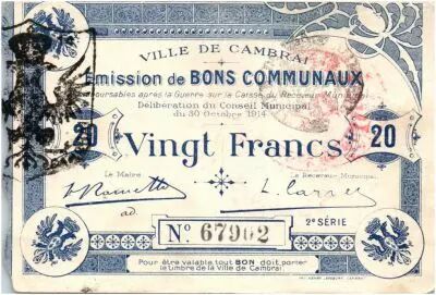 Francia 20 Francs Cambrai City - 1914