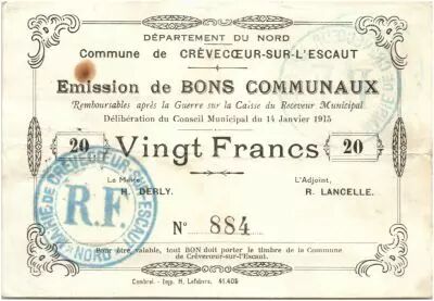 Francia 20 Francs Crevecoeur-Sur-L�escaut City - 1915