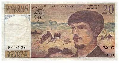 Francia 20 Francs Debussy - 1981 - Serial W.007 - Rare - Fay.66.02w7
