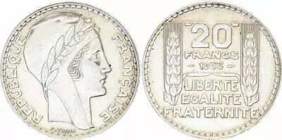Francia 20 Francs Turin - 1933 Silver Short Branches Variety