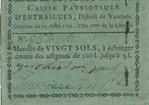 Francia 20 sols - Caisse patriotique d\'Entraigues, District de Vaucluse - 1792 - n&deg;854