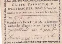 Francia 20 sols - Caisse patriotique d\'Entraigues, District de Vaucluse - 1792 - n&deg;874