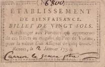Francia 20 Sols - Ille et Vilaine - Rennes -  &Eacute;tablissement de Bienfaisance - Janvier 1792