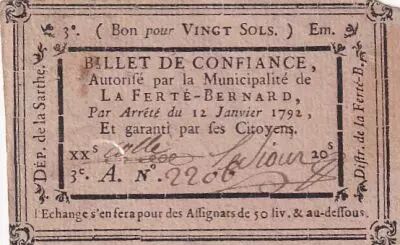 Francia 20 Sols - Sarthe - Municipalit� de La-Fert�-Bernard - 12-01-1792