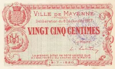 Francia 25 Centimes - Mayenne City - 08-12-1917