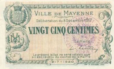 Francia 25 Centimes - Mayenne City - 08-12-1917