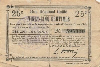 Francia 25 Centimes - Unified Regional Bill - City of Essigny-le-Grand