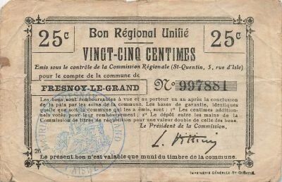 Francia 25 Centimes - Unified Regional Bill - City of Fresnoy-le-Grand