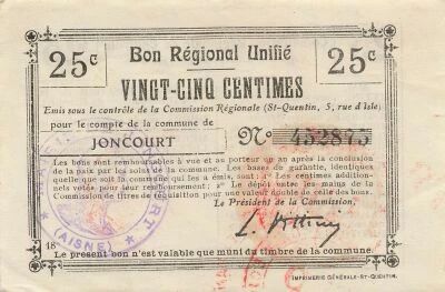 Francia 25 Centimes - Unified Regional Bill - City of joncourt