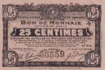 Francia 25 Centimes - Ville - Roubaix-Tourcoing - 16-12-1916 - 9&egrave;me s&eacute;rie
