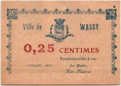 Francia 25 Centimes Wassy City - 1916