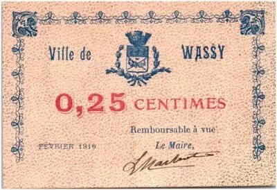 Francia 25 Centimes Wassy City - 1916