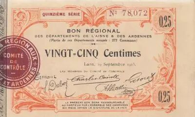 Francia 25 Cents - Laon - Regional Coupon  - 19-09-1915 - Fourth serial