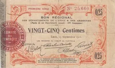 Francia 25 Cents - Laon - Regional Coupon  - 19-09-1915 - Fourth serial