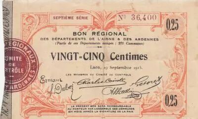 Francia 25 Cents - Laon - Regional Coupon  - 19-09-1915 - Fourth serial