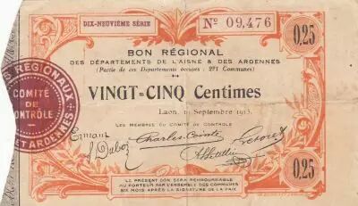 Francia 25 Cents - Laon - Regional Coupon  - 19-09-1915 - Fourth serial