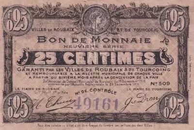 Francia 25 Cents - Ville - Roubaix-Tourcoing - 16-12-1916 - 9�me s�rie