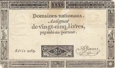 Francia 25 Livres - Black print - 06-06-1793 - Sign. Jame - Serial 2169