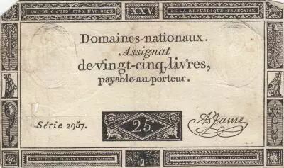 Francia 25 Livres - Black print - 06-06-1793 - Sign. Jame - Serial 2957