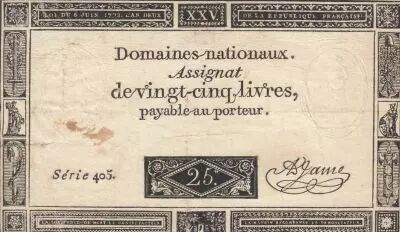 Francia 25 Livres - Black print - 06-06-1793 - Sign. Jame - Serial 405