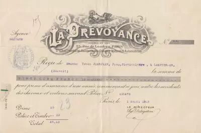 Francia 25.10 francs - Bank cheque receipt - La pr�voyance - 1913