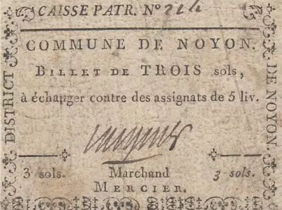 Francia 3 sols - Oise - Municipality of Noyon - Merchant Mercier - R5 on Kolsky (rare)