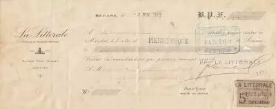 Francia 43 francs - Bank cheque receipt - La Littorale - 24-11-1910