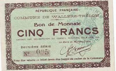Francia 5 F Wallers-Trelon Bon de monnaie