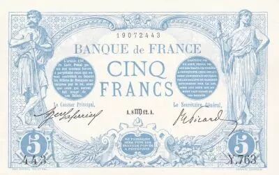 Francia 5 Francs - Blue - 08-08-1912 - Serial Y.763