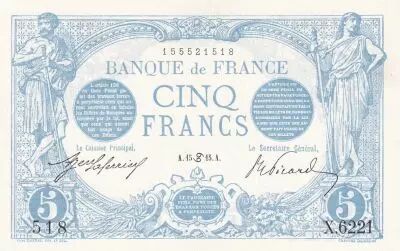 Francia 5 Francs - Blue - 15-06-1915 - S�rie X.6221