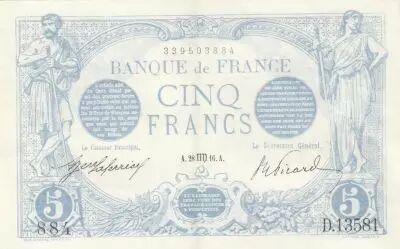 Francia 5 Francs - Blue - 28-08-1916 - Serial D.13581